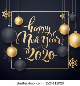 vector illustration of happy new year gold and black collors place for text christmas balls 2020