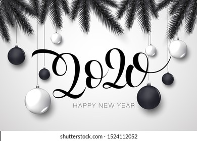 vector illustration of happy new year gold and black collors place for text christmas balls 2020
