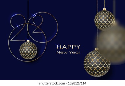 vector illustration of happy new year gold and black collors place for text christmas balls 2020
