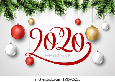 vector illustration of happy new year gold and black collors place for text christmas balls 2020