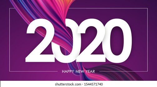 Vector illustration: Happy New Year 2020. Greeting card with colorful abstract twisted paint stroke shape.