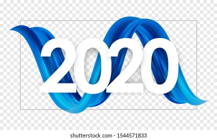 Vector illustration: Happy New Year 2020. Template of Greeting card with blue abstract twisted acrylic paint stroke shape. Trendy design