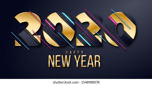 vector illustration. happy new year 2020. modern stylish luxurious graphics 2020. New year in gold with dynamic geometric stripes. graphic design for posters, flyers, brochures and cards