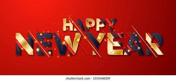 vector illustration. happy new year 2020. modern stylish luxurious graphics 2020. New year in gold with dynamic geometric stripes. graphic design for posters, flyers, brochures and cards