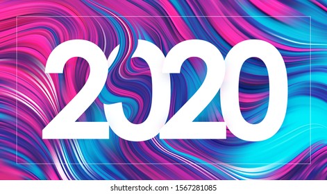 Vector Illustration: Happy New Year 2020. Holographic Colorful Abstract Liquid Paint Background. Trendy Design