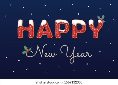 Vector illustration of a happy new year with ginger cookies, snow and holly on a dark blue background. Gingerbread cookie with red icing and sugar. Seasonal greeting card.