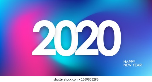Vector illustration: Happy New Year 2020. Greeting poster with holographic abstract background. Trendy design.