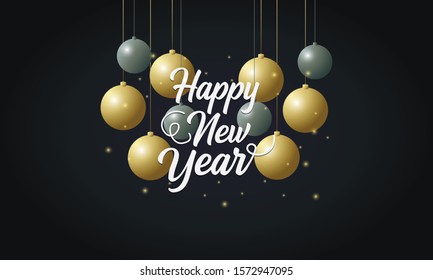 vector illustration of happy new year gold and black color 2019 2020 with christmas ball or baubles