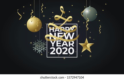 vector illustration of happy new year 2019 2020 gold and silver with a christmas tree, snow flake, and stars on a black background