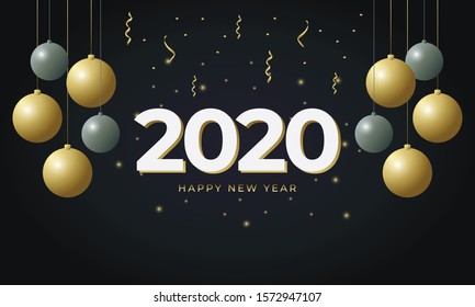 vector illustration of happy new year gold and black color 2019 2020 with christmas ball or baubles
