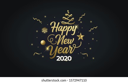 vector illustration of happy new year 2019 2020 gold and silver with a christmas tree and stars on a black background
