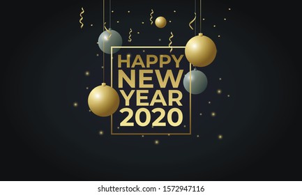 vector illustration of happy new year 2019 2020 gold and silver with christmas balls or baubles on black background