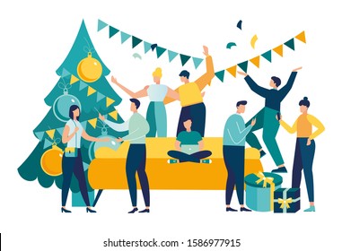 vector illustration, happy new year holiday, corporate friendship with a diverse group of friends of people hugging together, christmas mood gifts tree