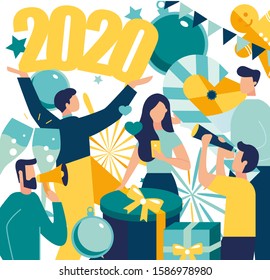 vector illustration, happy new year holiday, corporate friendship with a diverse group of friends of people hugging together, christmas mood gifts tree