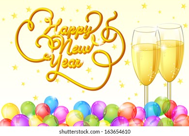 vector illustration of Happy New Year with Champagne Glass and balloon