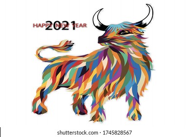 Vector illustration Happy New Year 2021 with colorful paper cut ox, Happy Chinese new year greeting card with cow standing on white background, Animal holidays character zodiac,Year of the ox