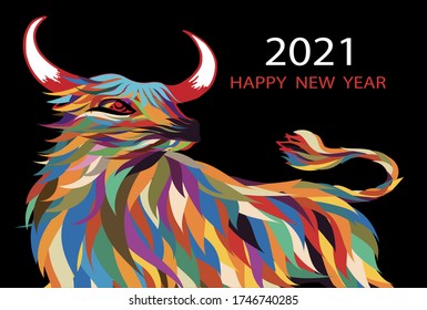 Vector illustration Happy New Year 2021 with  colorful paper cut ox, Happy Chinese new year greeting card with cow standing on black background, Animal holidays character zodiac,Year of the ox