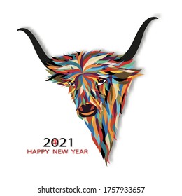 Vector illustration Happy New Year 2021 with colorful paper cut ox, Happy Chinese new year greeting card with cow standing on white background, Animal holidays character zodiac,Year of the ox