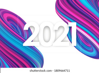 Vector illustration: Happy New Year 2021. Greeting card with colorful abstract fluid twisted shape. Trendy design
