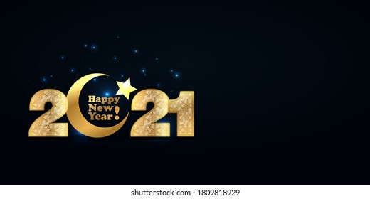 Vector illustration of happy new year 2021 gold numeral with silver snowflakes ornament on black background with golden moon and star-muslim symbol. Year of the Ox for Chinese calendar cover design
