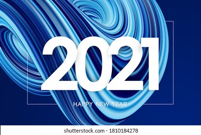 Vector illustration: Happy New Year 2021. Greeting card with 3D neon colored abstract twisted fluide shape. Trendy design