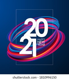 Vector illustration: Happy New Year 2021. Greeting card with colorful abstract twisted paint stroke shape. Trendy design