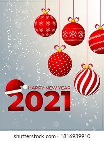 Vector illustration of Happy new year 2021 greeting card, hanging christmas light balls, confetti, santa cap, new year wishes, poster, holiday banner on blue snowy background.