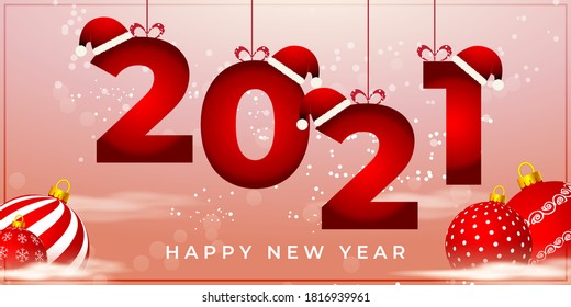 Vector illustration of happy new year 2021 greeting card, light balls, confetti, santa cap, new year wishes, poster, holiday banner on red snowy background.