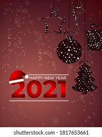 Imagen vectorial de la tarjeta de felicitación Feliz Año Nuevo 2021, colgando bolas de navidad, confeti, gorra de santa, deseos de año nuevo, afiche, banner de vacaciones en fondo nevado azul.