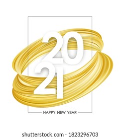 Vektorgrafik: Frohes neues Jahr 2021. Grußplakat mit goldener abstrakter Farbenform auf weißem Hintergrund. Trenddesign