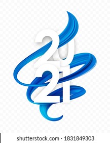 Vector illustration: Happy New Year.  Number of 2021 with blue abstract twisted paint stroke shape. Trendy design