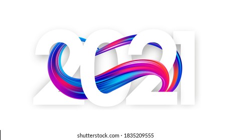 Vector illustration: Happy New Year.  Number of 2021 with colorful abstract twisted paint stroke shape. Trendy design