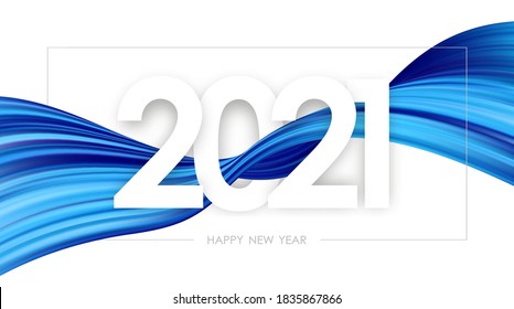 Vector illustration: Happy New Year 2021. Greeting card with colorful twisted paint stroke shape on white background