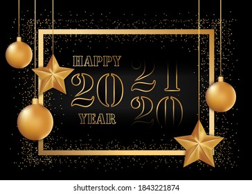 Vector illustration of Happy New Year 2020 with Christmas balls and stars in a golden frame on a black background. Transition 2020 to 2021.