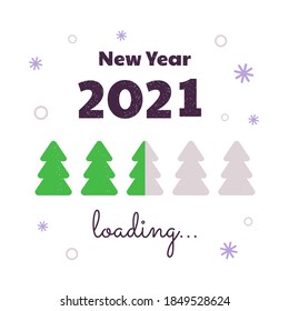 Vector illustration. Happy New Year. Loading 2021. Download screen with Christmas tree. Progress bar.