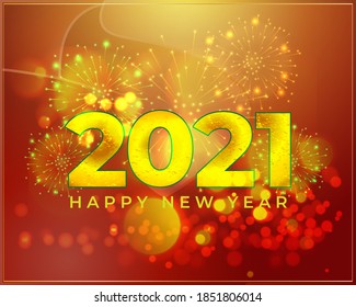 Vector illustration of Happy New Year 2021 greeting with beautiful bokeh background, fireworks, New year wishes poster.