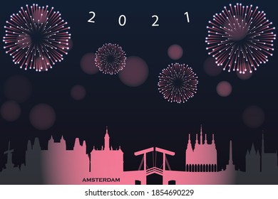 ilustración vectorial de la tarjeta Happy new year con el paisaje urbano de Ámsterdam