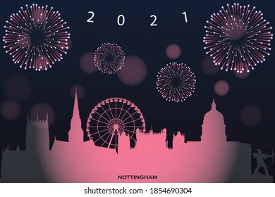 vector illustration of Happy new year card with cityscape of Nottingham