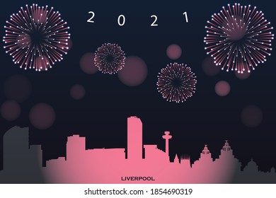 ilustración vectorial de la tarjeta Happy de Año Nuevo con el paisaje urbano de Liverpool