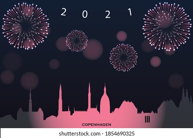 vector illustration of Happy new year card with cityscape of Copenhagen