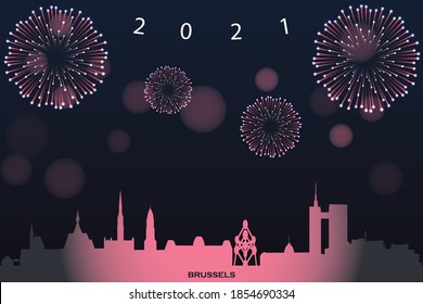 vector illustration of Happy new year card with cityscape of Brussels