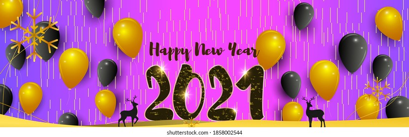Imagen vectorial de Feliz Año Nuevo 2021 saludando con hermosos antecedentes de bokeh, globo dorado, ciervo, afiche de deseos de Año Nuevo.