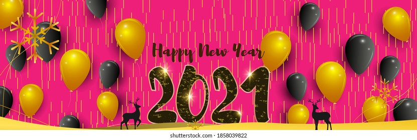 Vector illustration of Happy New Year 2021 greeting with beautiful bokeh background, golden balloon, deer  , New year wishes poster.