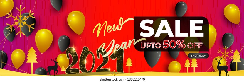 Vector illustration of Happy New Year Sale, 2021, upto 50% off, snowflakes, balloons, deer and X-mas tree, offer template for website and social media.