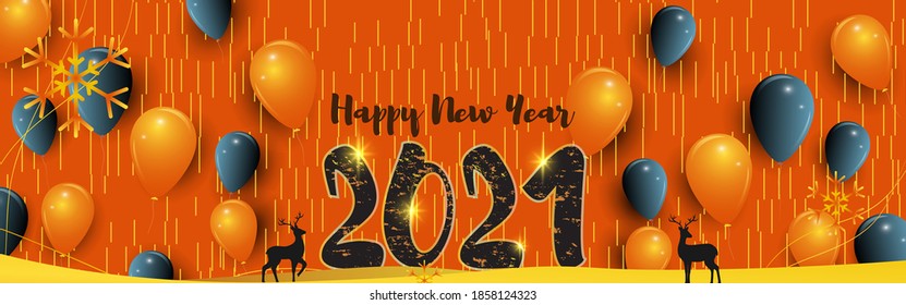 Vector illustration of Happy New Year 2021 greeting with beautiful bokeh background, golden balloon, deer  , New year wishes poster.