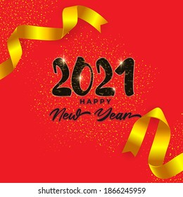 Vector illustration of Happy New Year 2021 greeting card with golden ribbons on sparkly background, happy new year wishes.