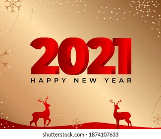 Vector illustration of Happy New Year 2021 greeting card with deer and snowflakes on sparkly golden bokeh background, happy new year wishes.