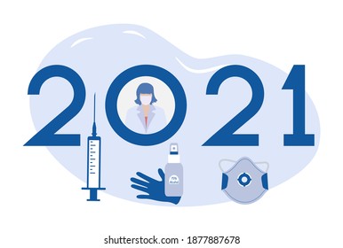Vector illustration Happy New Year 2021 New normal after COVID-19 pandemic Doctor, Medical mask, disinfectant, gloves, syringe Vaccination against coronavirus Health, medicine Design for print