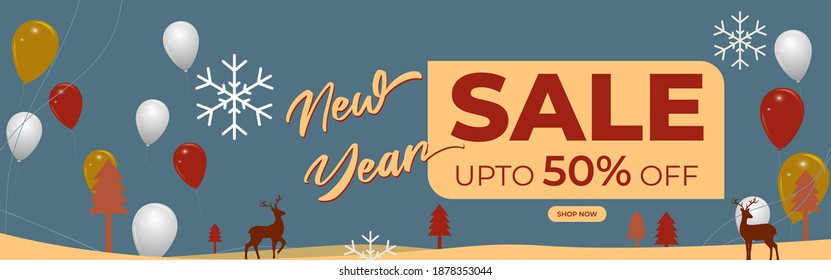Vektorgrafik von Happy New Year Sale, 2021, bis zu 50% Rabatt, Schneeflocken, Ballons, Hirsch und X-mas Baum, bieten Vorlage für Website und soziale Medien.