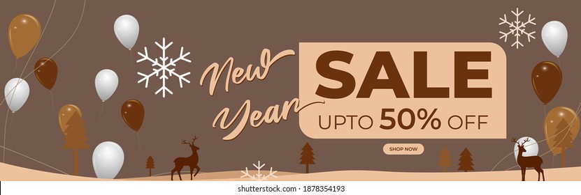 Ilustración vectorial de Happy New Year Sale, 2021, hasta un 50% de descuento, copos de nieve, globos, ciervos y árboles de X-mas, ofrecen plantilla para sitio web y medios sociales.